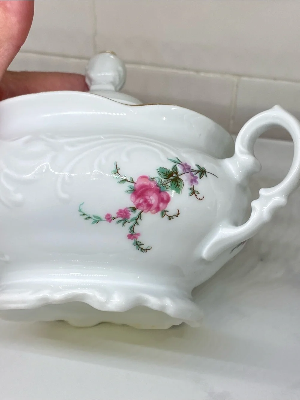 Vintage 1900 Poland Kent Covered Sugar Bowl Tea Pot Pink Rose & Gold Trim Patter